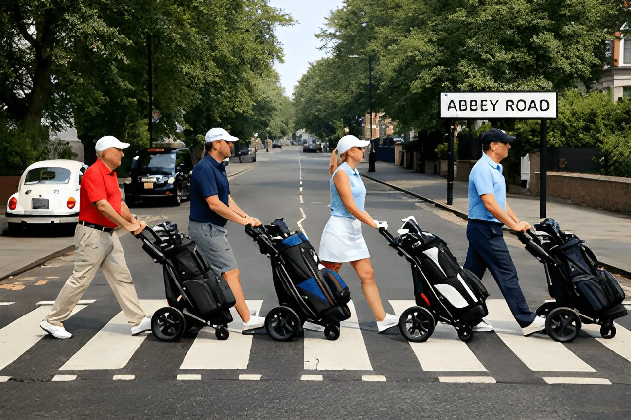 Fire golfspillere med golfvogne går over et fodgængerfelt i Abbey Road-stil